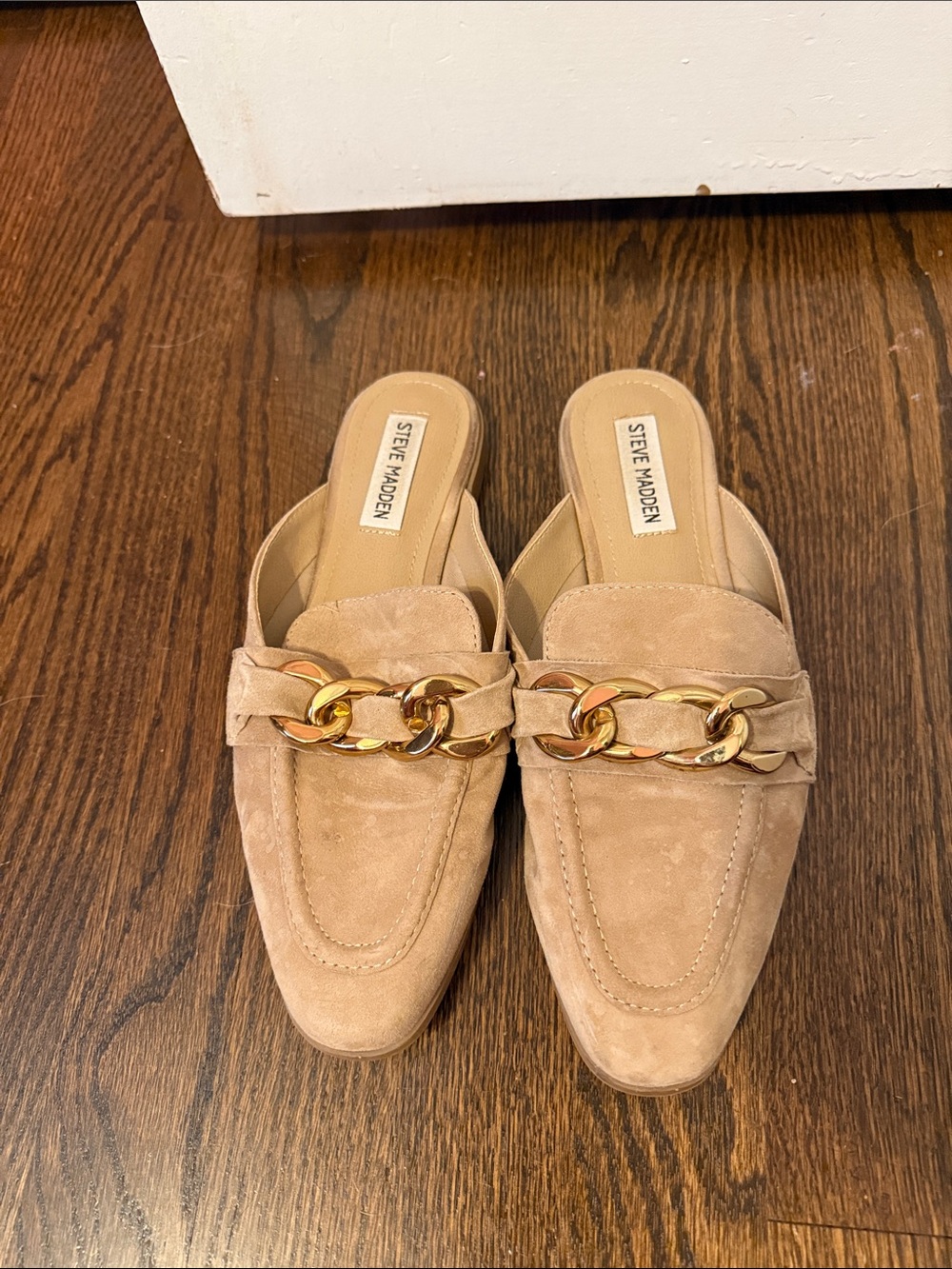 Steve Madden Taupe Suede Chain-Trim Mules